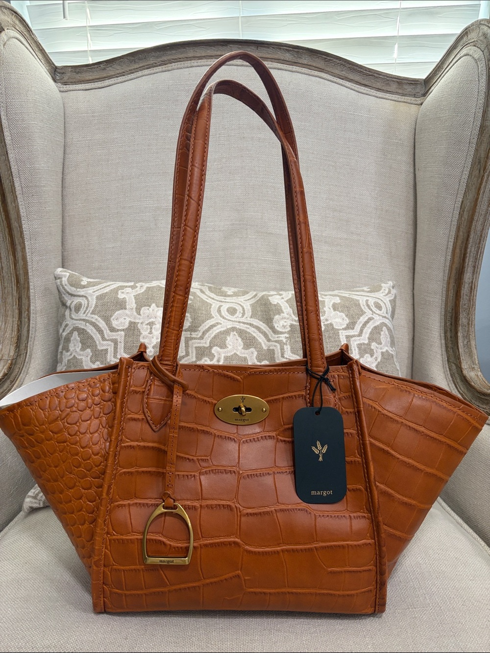 Margot Cognac Croc-Embossed Leather Tote with Gold Hardware